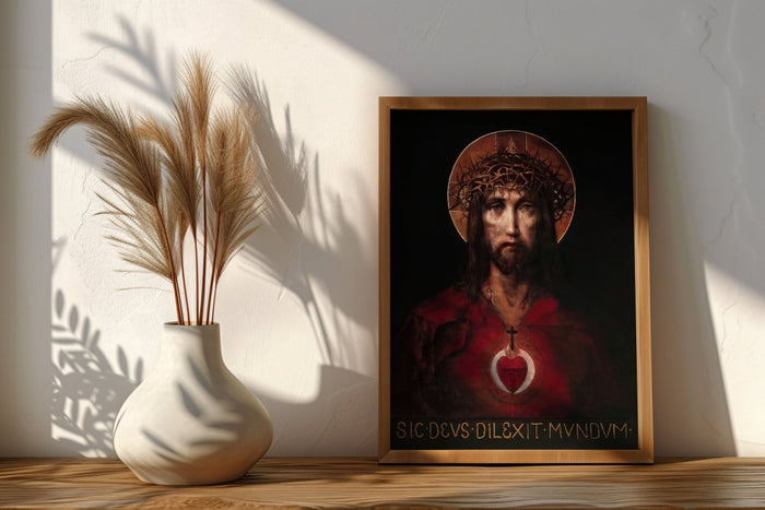 Herz-Jesu-Wandbild mit Dornenkrone und der Inschrift Sic deus dilexit mundum auf einem Holzbord, daneben eine weiße Vase mit Gräsern
