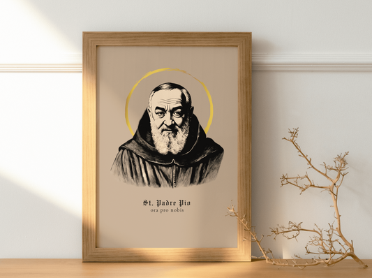 Pater Pio Wandbild schwarz/beige