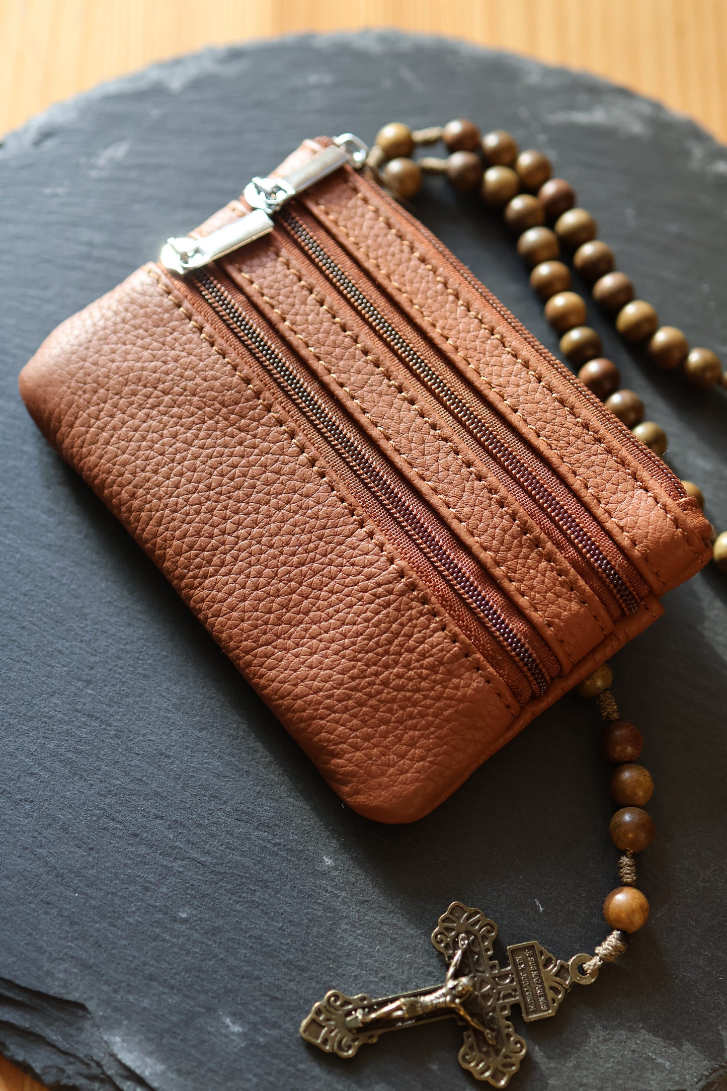 Rosenkranztasche aus Echtleder Hellbraun