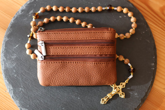 Rosenkranztasche aus Echtleder Hellbraun