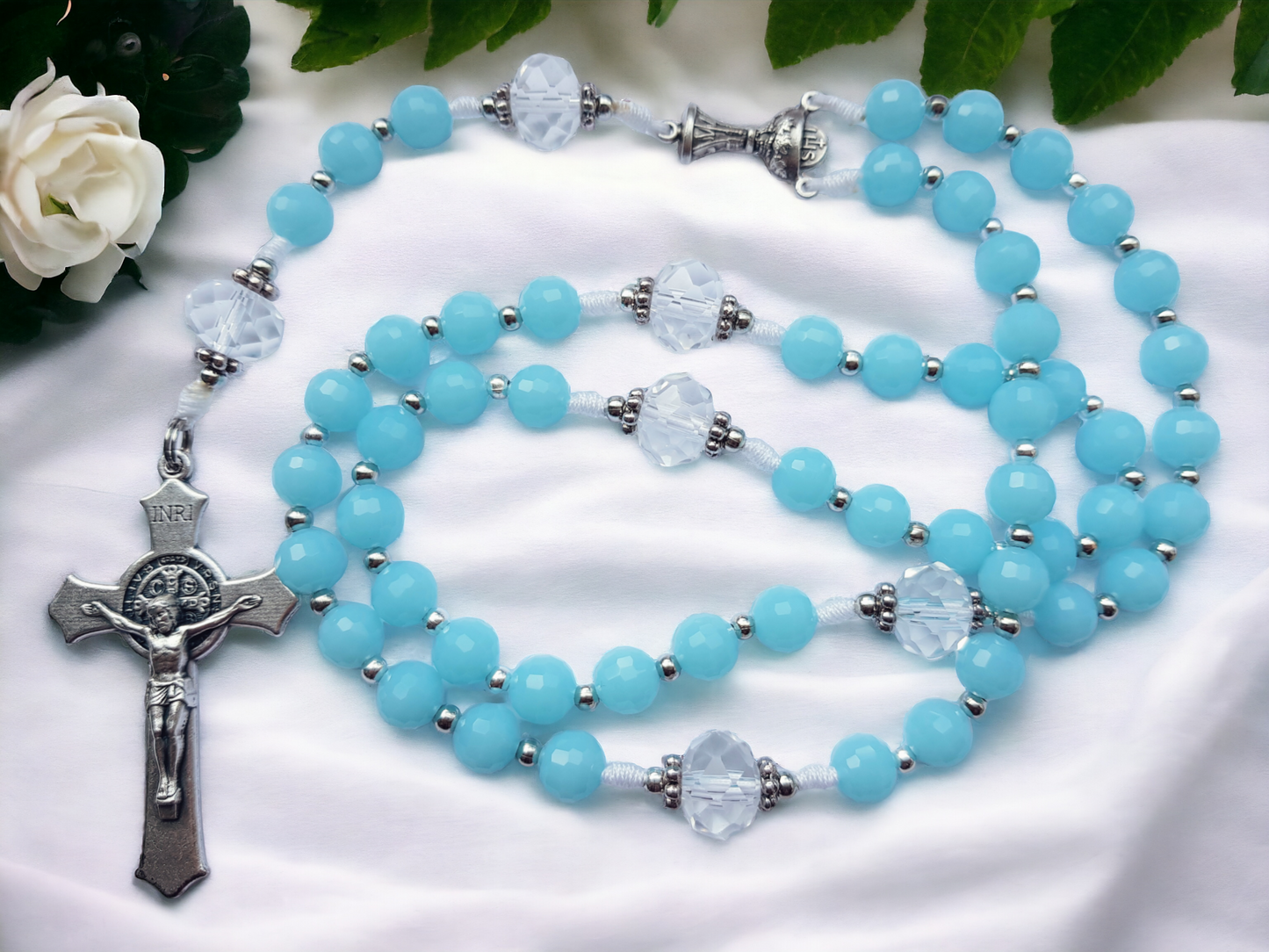 Rosenkranz Erstkommunion Glasschliffperlen hellblau