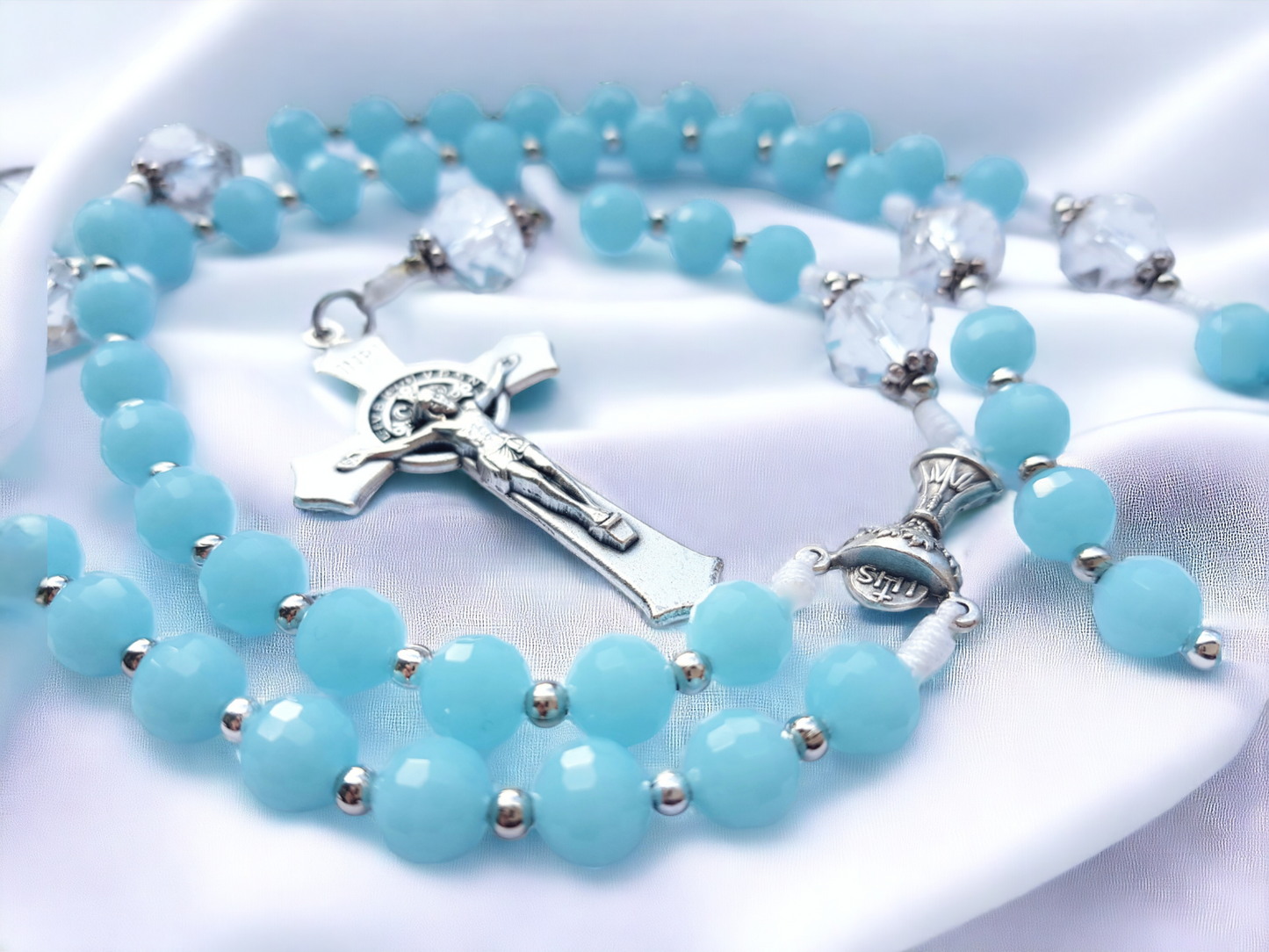 Rosary First Communion glass beads light blue