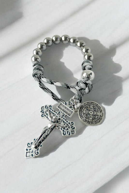 Fingerrosenkranz Paracord silber/grau