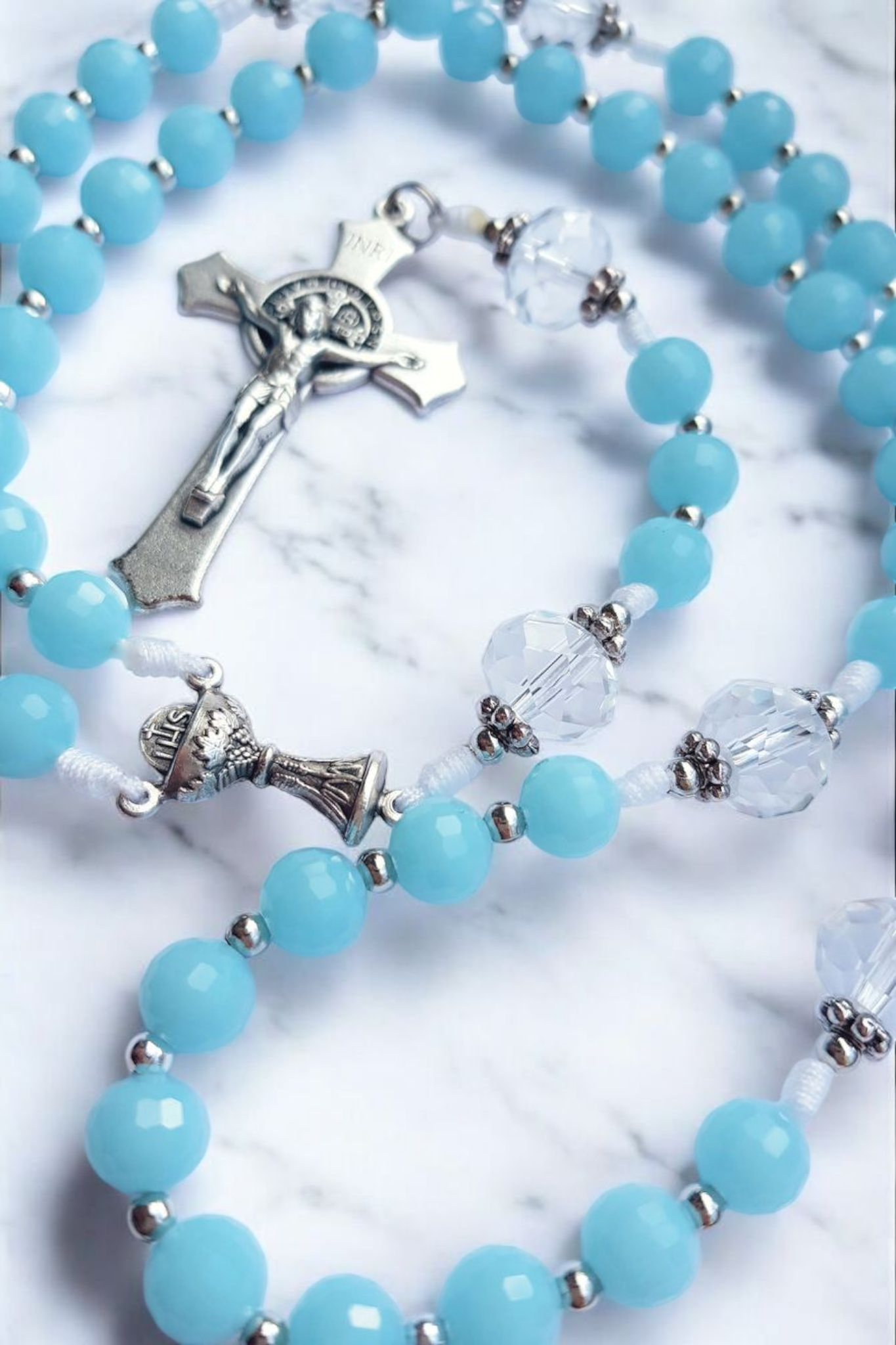 Rosenkranz Erstkommunion Glasschliffperlen hellblau