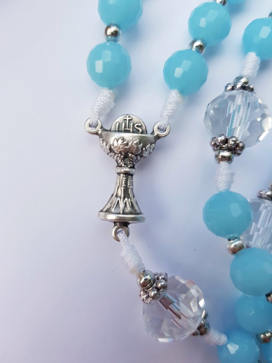 Rosenkranz Erstkommunion Glasschliffperlen hellblau - MarcellusOnlineShop