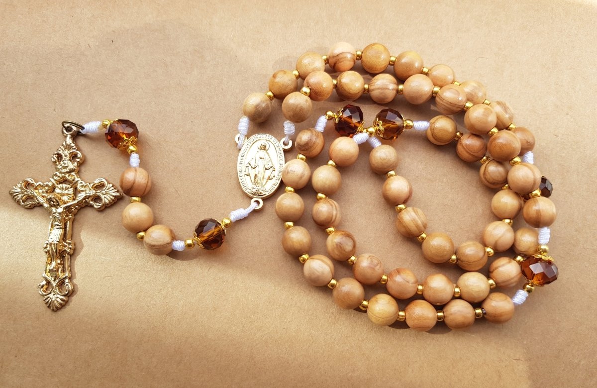 Rosenkranz Olivenholzperlen mit Glasschliffperlen bernstein - MarcellusOnlineShop