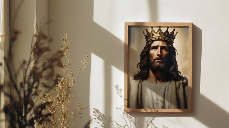 Gerahmtes Wandbild von Christus mit goldener Krone an einer hellen Wand, davor getrocknete Gräser im Licht
