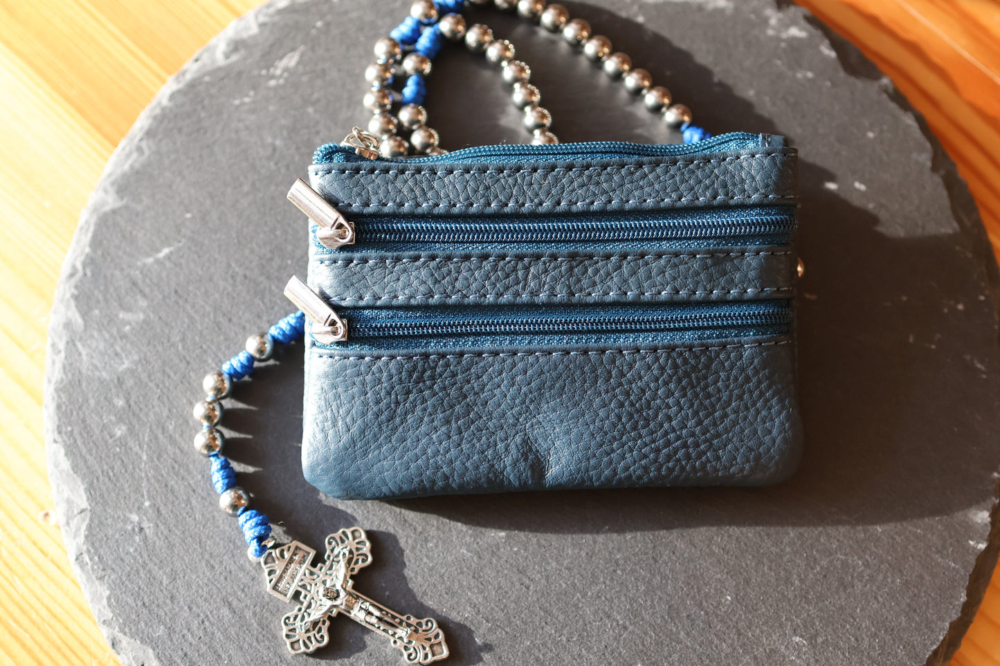 Rosenkranztasche aus Echtleder Dunkelblau