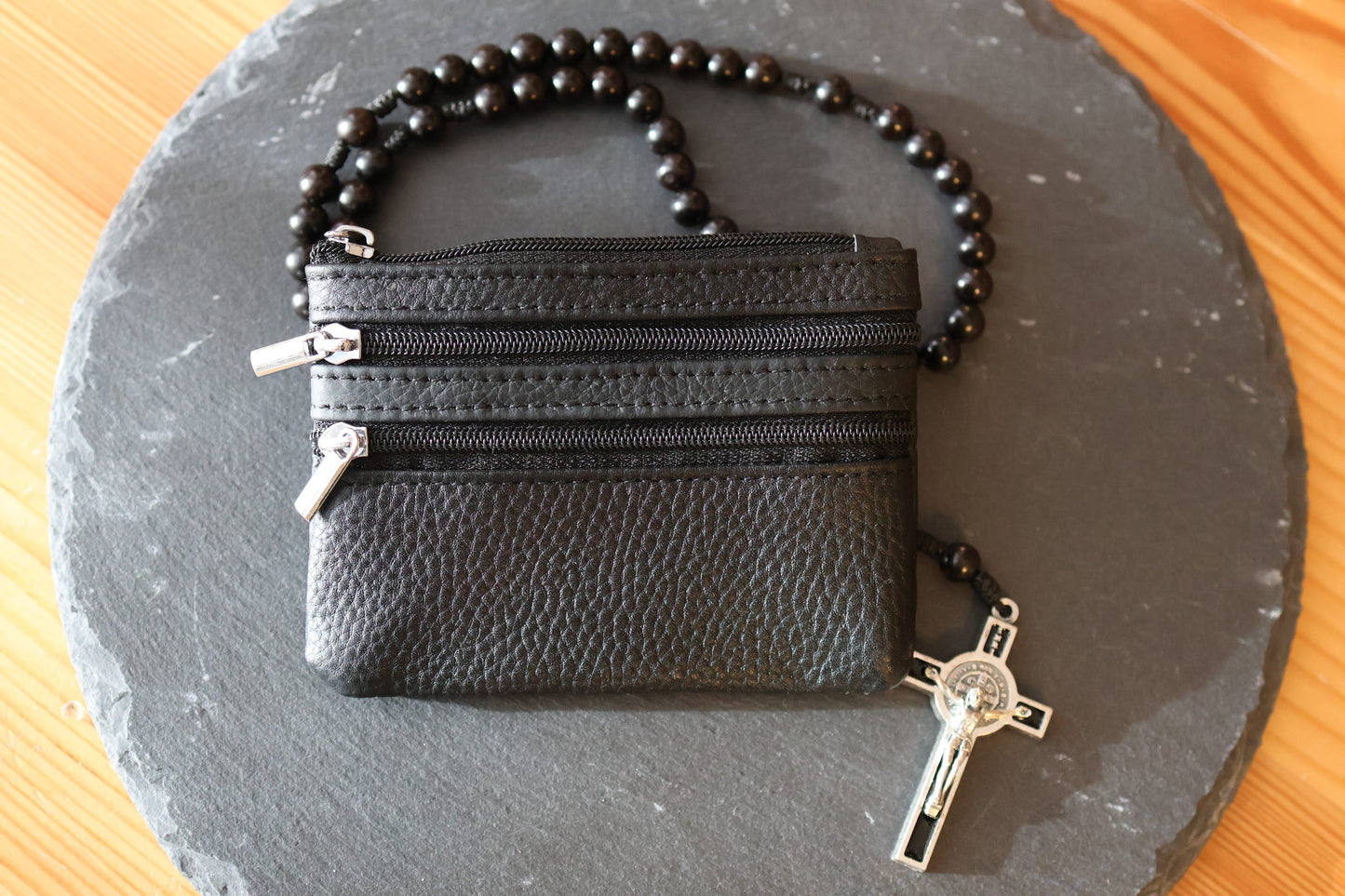 Rosenkranztasche aus Echtleder Schwarz