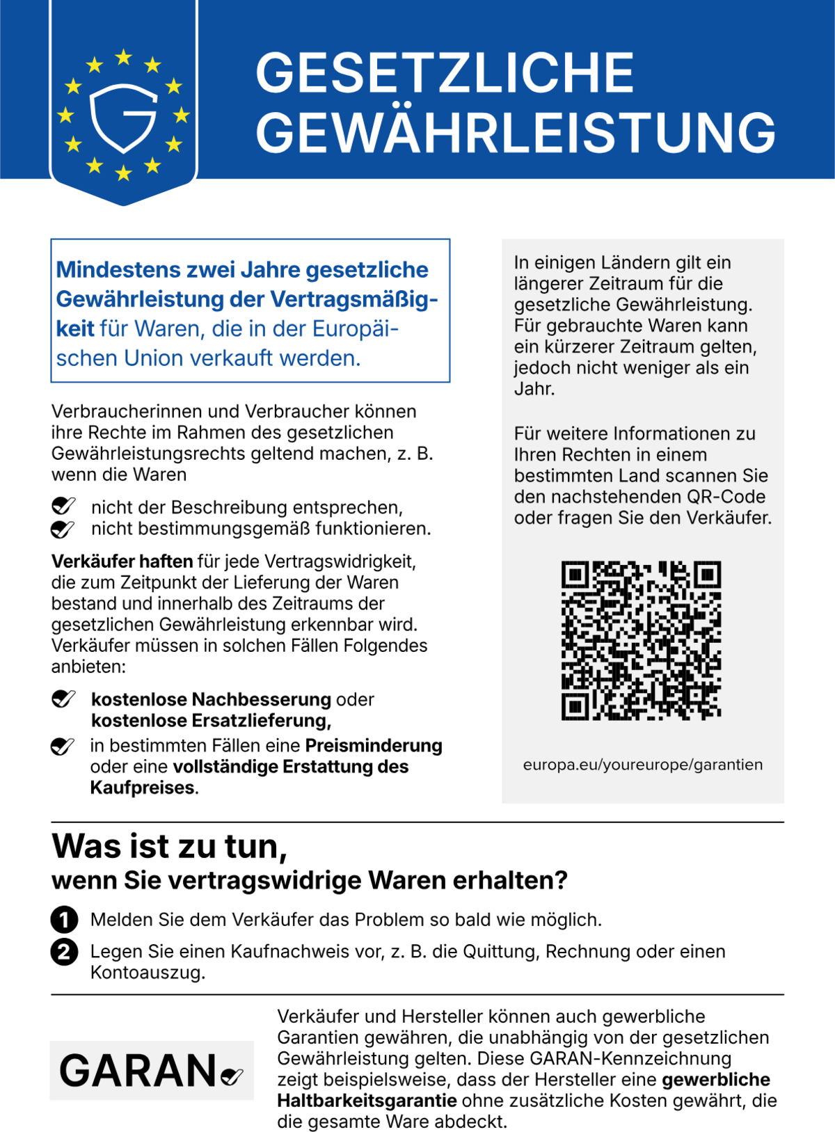 Gesetzliche Gewährleistung – EU-Pflichtinformation: mindestens zwei Jahre gesetzliche Gewährleistung für Waren in der EU