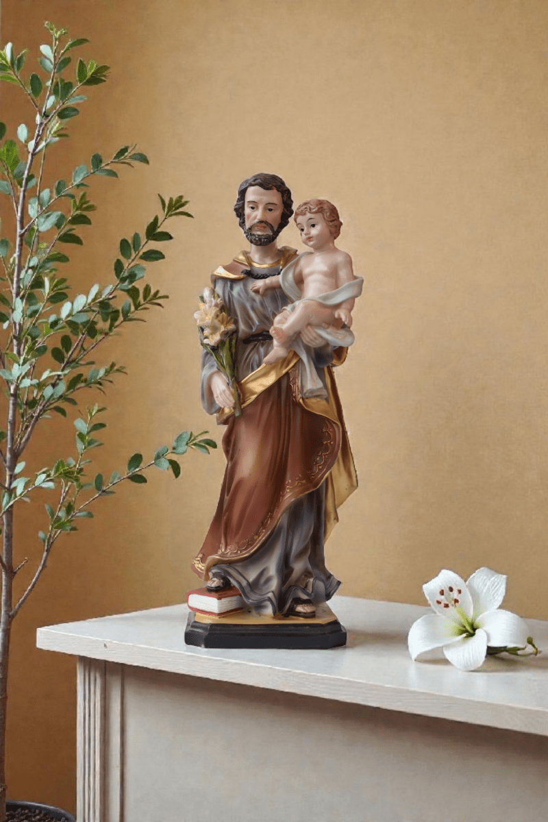 Statue des heiligen Josef aus farbig handbemaltem Kunstharz, Höhe 30 cm