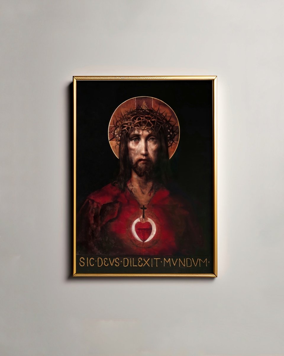 Herz-Jesu-Wandbild mit Christus und Dornenkrone und dem lateinischen Schriftzug Sic deus dilexit mundum, ohne Rahmen