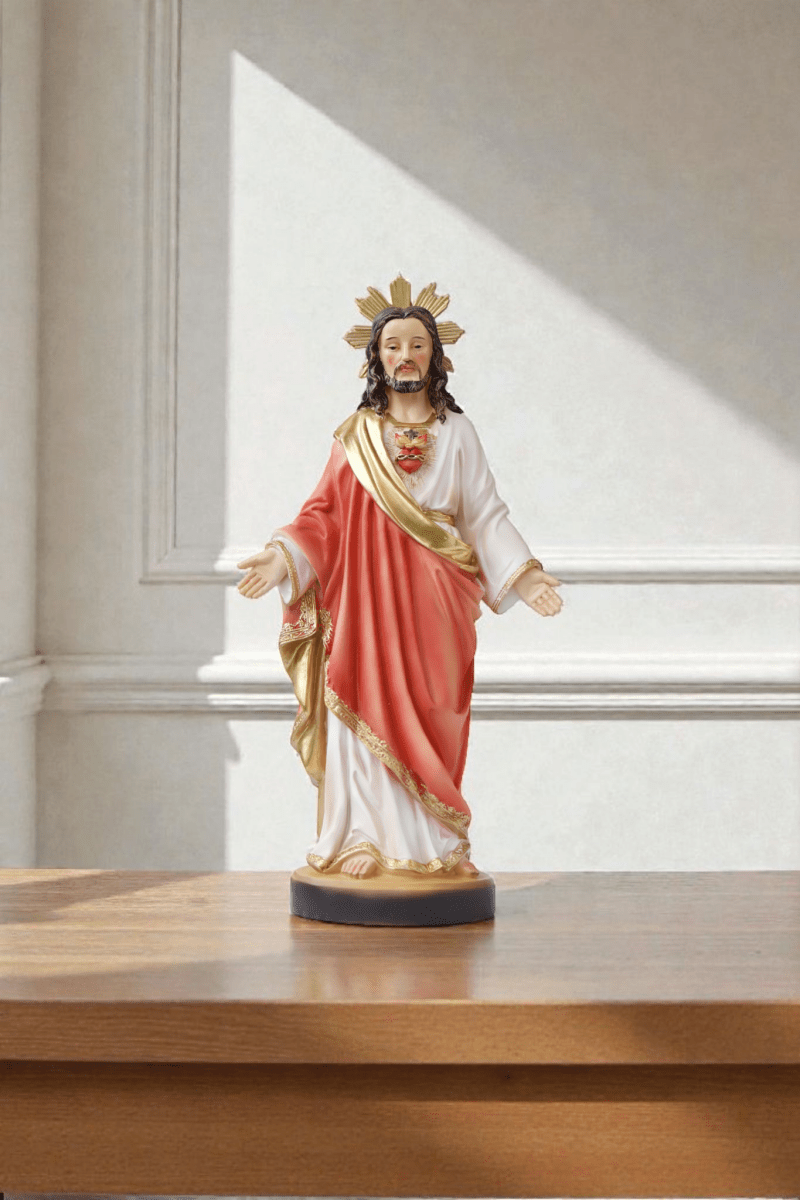 Herz-Jesu-Statue aus farbig handbemaltem Kunstharz, Höhe 31 cm