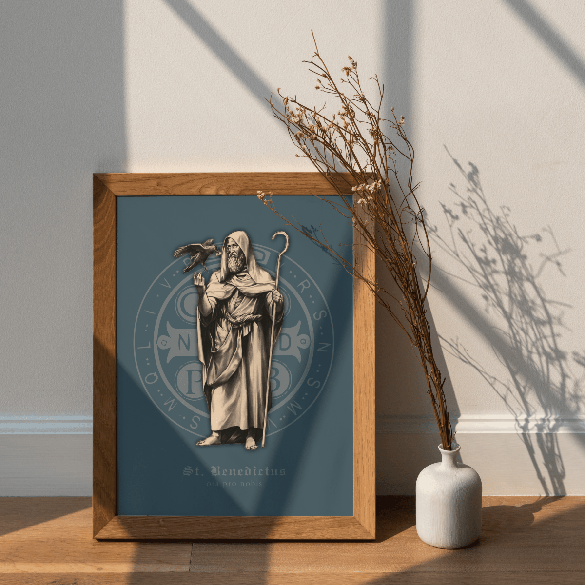 Hl. Benedikt mit Benediktusmedaille Wandbild blau - MarcellusOnlineShop