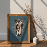 Wandbild des heiligen Benedikt mit Benediktusmedaille in Blau, matter Deluxe-Druck in Museumsqualität, ohne Rahmen