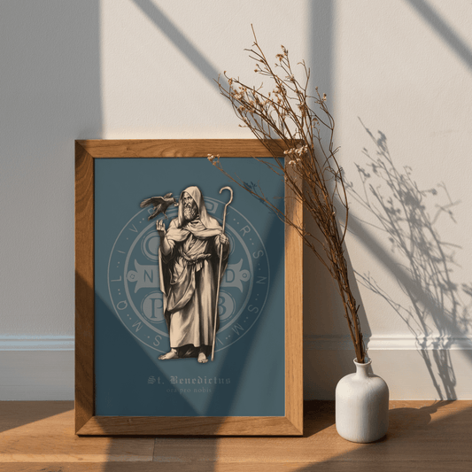 Hl. Benedikt mit Benediktusmedaille Wandbild blau - MarcellusOnlineShop