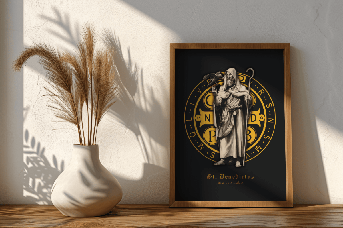 Hl. Benedikt mit Benediktusmedaille Wandbild schwarz/gold - MarcellusOnlineShop