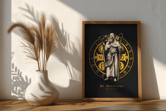 Hl. Benedikt mit Benediktusmedaille Wandbild schwarz/gold - MarcellusOnlineShop
