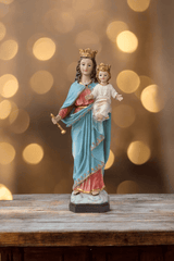 Statue der Muttergottes als Königin mit Krone, farbig handbemaltes Kunstharz, Höhe 30 cm