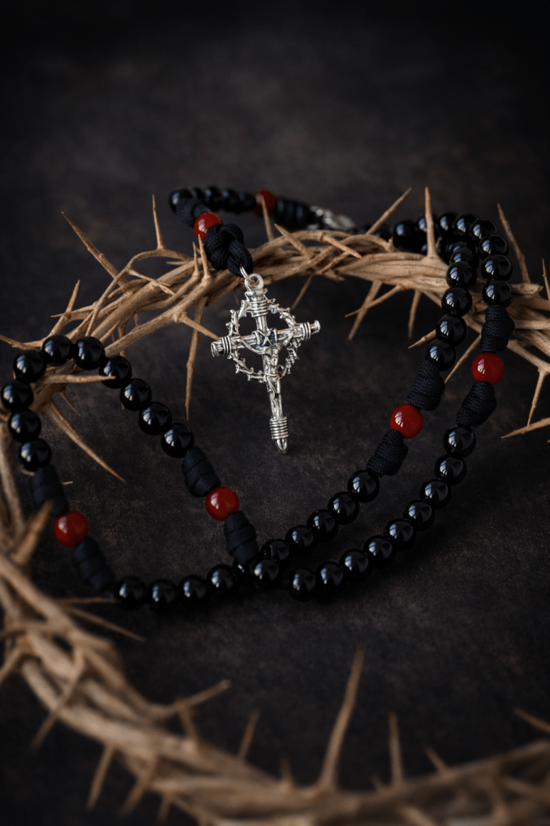 Handgefertigter Passionsrosenkranz aus schwarzem 550 Paracord mit Steinperlen, Länge etwa 55 cm inklusive Kreuz