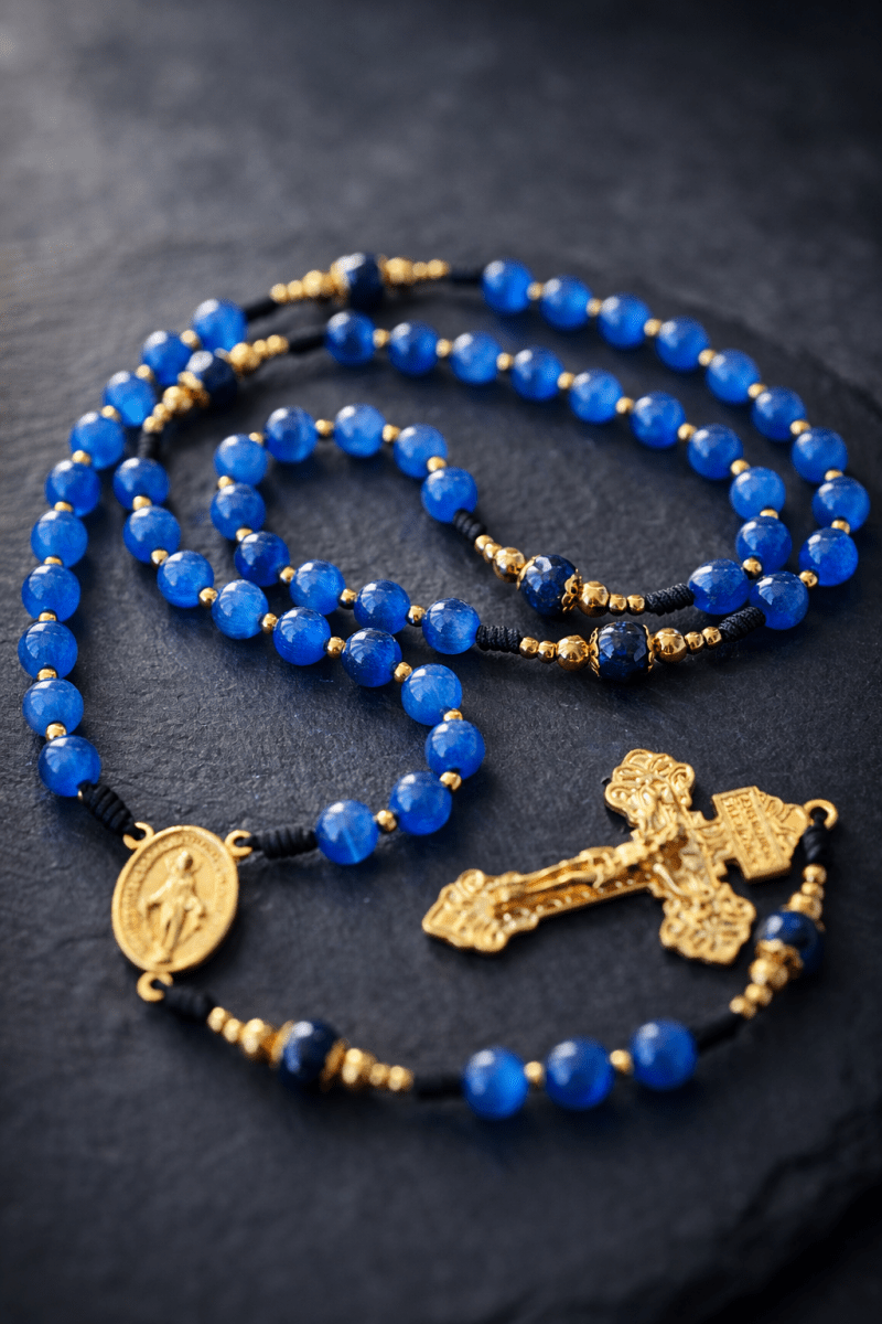 Handgefertigter Stella-Maris-Rosenkranz mit blauen Steinperlen im Katzenaugen-Effekt (8 mm) und Perlen aus blauem Tigerauge